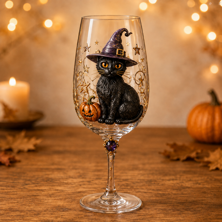 Witch Cat Halloween wine glass, full design view