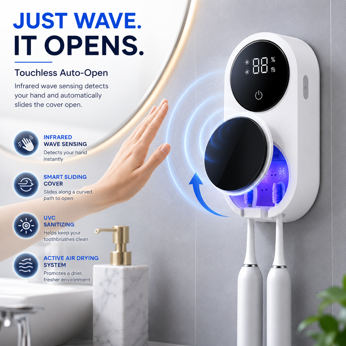 BILLHOL®🚩 WaveSense Touchless Advanced Dual-Toothbrush UV Sanitizing & Drying Station with Automatic Sensor Lid