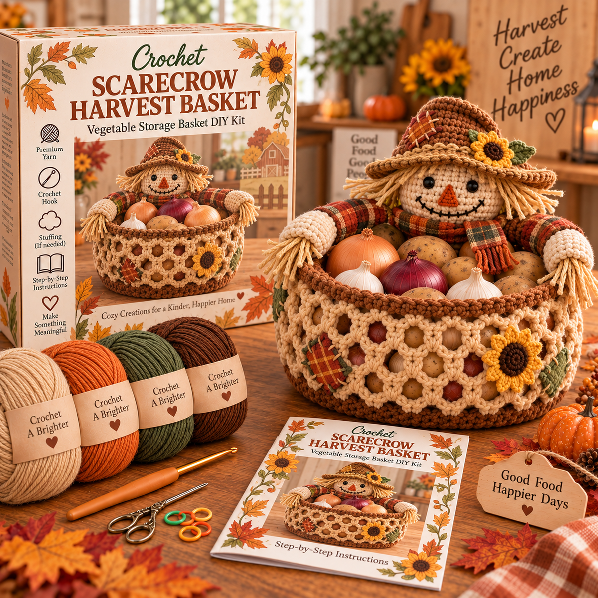 Harvest Keeper scarecrow crochet DIY basket kit