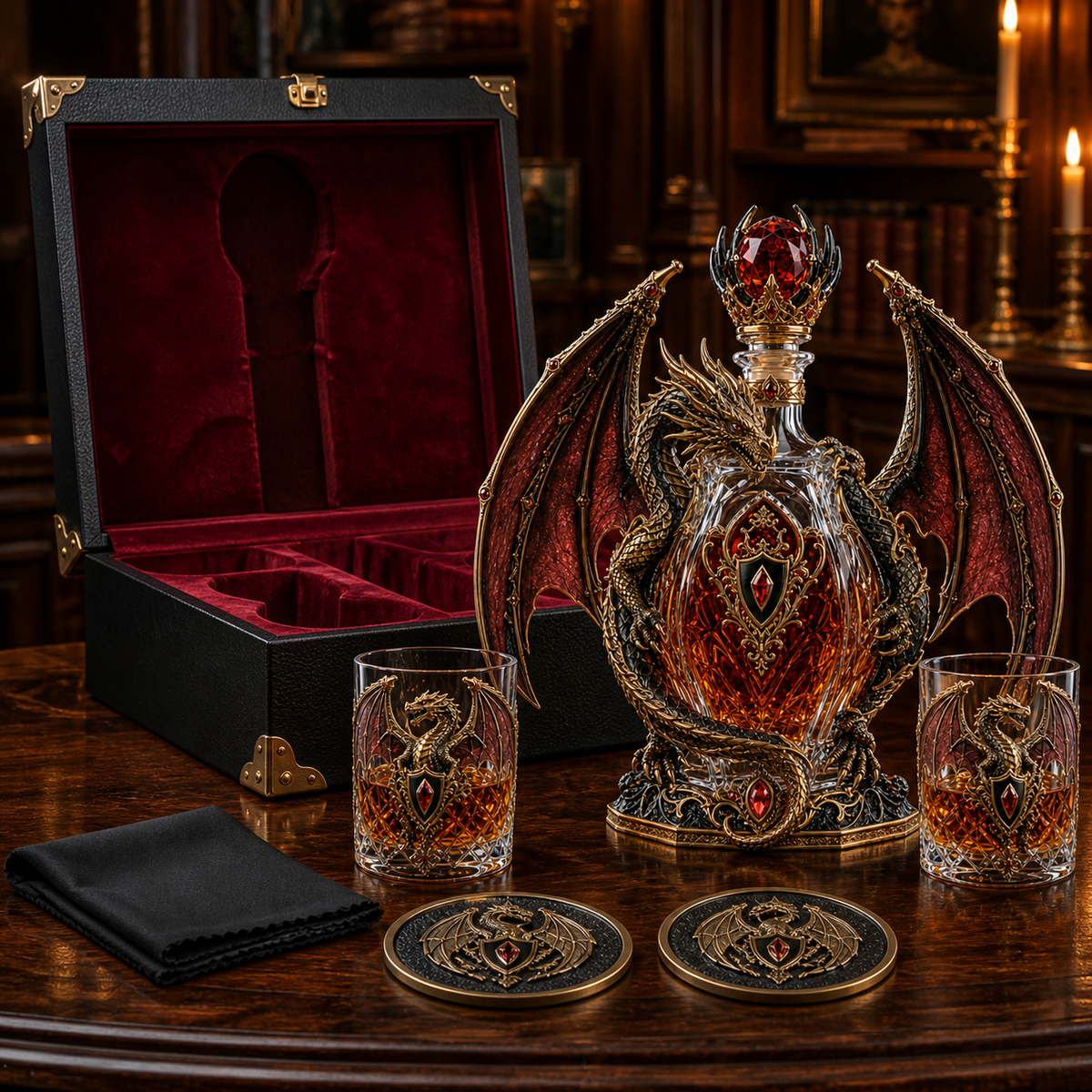 🐉 Imperial Crimson Western Dragon Decanter Set – Luxury 3D Crystal Whiskey Bottle with 2 Matching Glasses