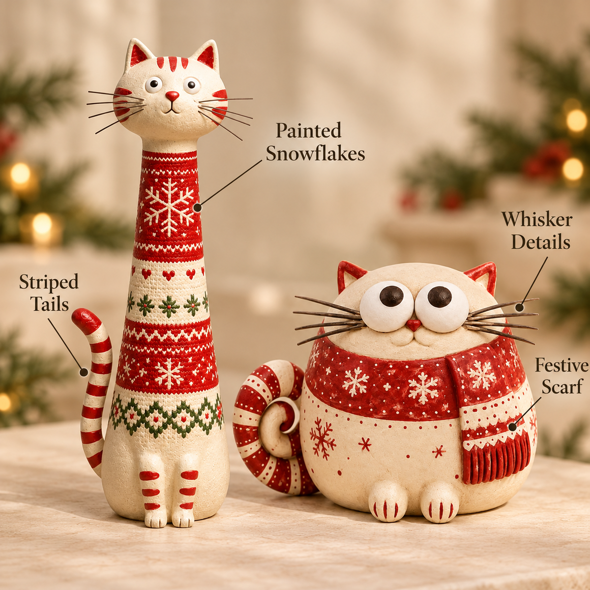 🎄 Whimsical Christmas Cat Figurines – Tall & Chubby Holiday Decor 🐱