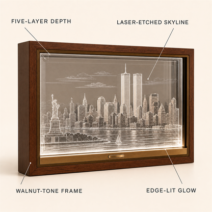 🗽✨ Before the Skyline Changed – Illuminated Twin Towers New York Memorial Shadow Box