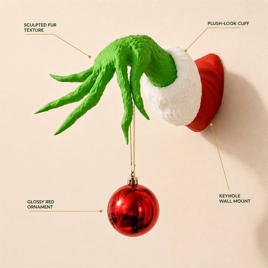 Close-up views of the textured green hand, white cuff, red mount and ornament