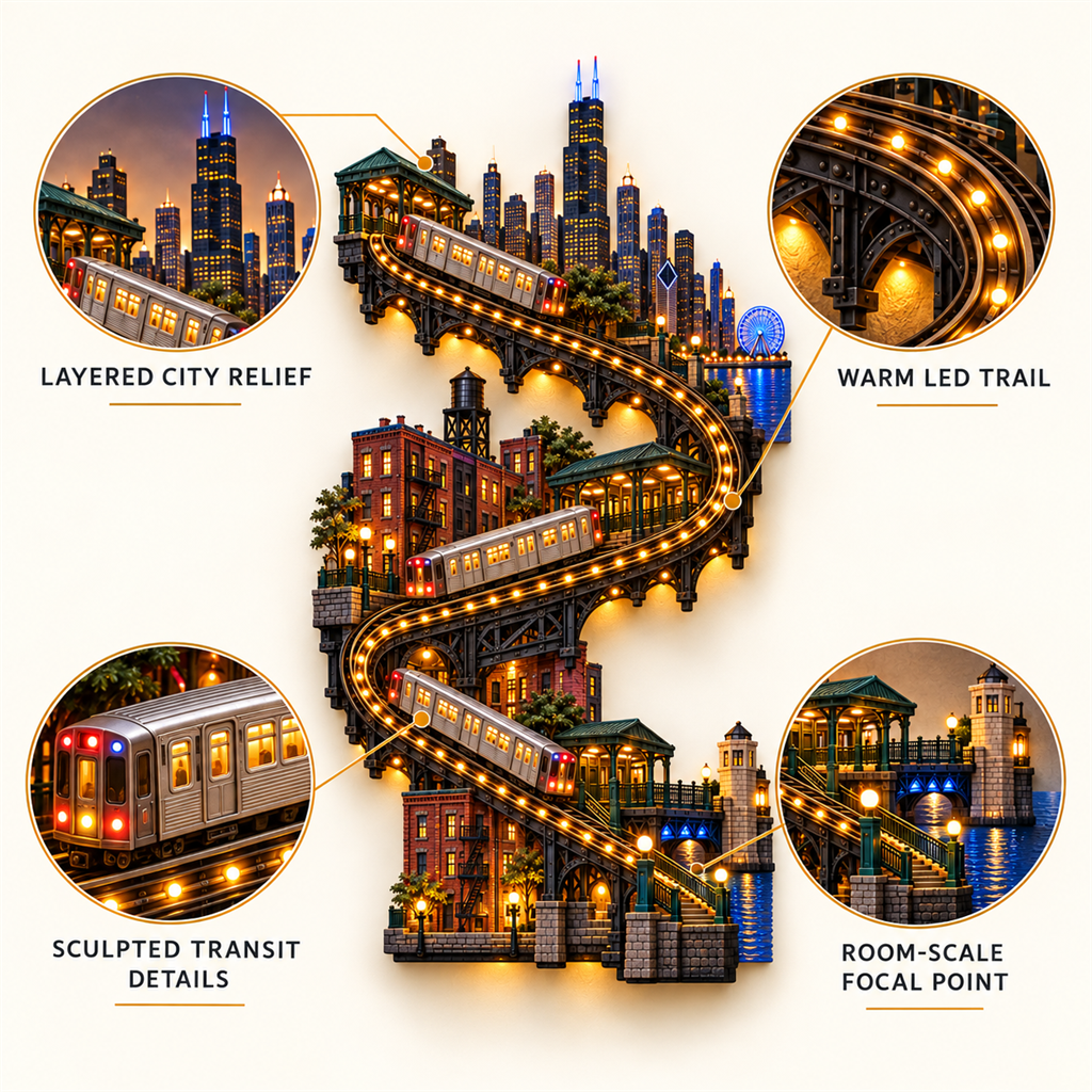 American City Transit Trail Light – Illuminated 3D Skyline Wall Décor