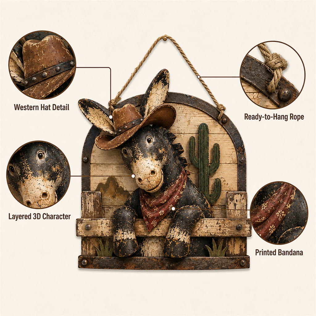 Close-up product details including cowboy hat, rope, layered donkey and bandana