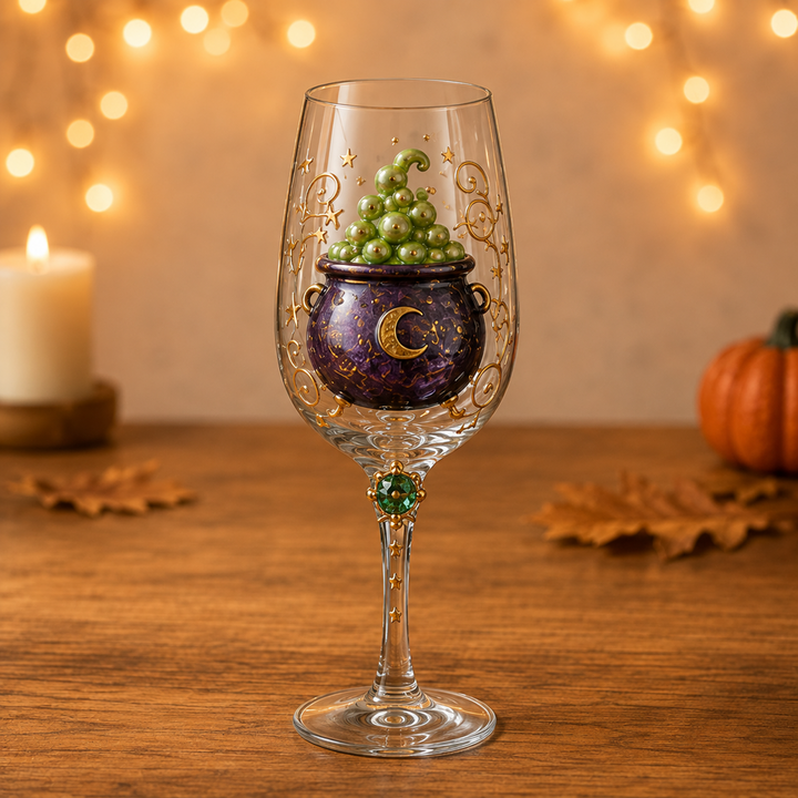 Witch’s Cauldron Halloween wine glass, full design view
