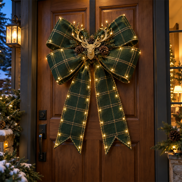 🟢🟡 Woodland Stag — Green Plaid & Gold Christmas door bow