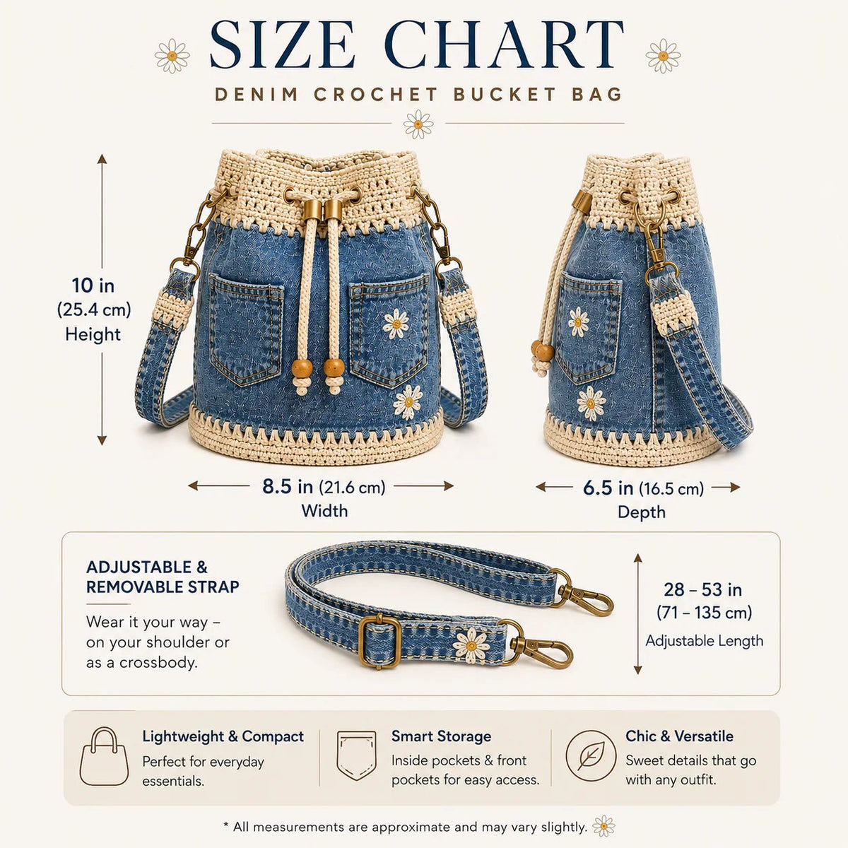 💥SAVE 33%👖 Denim Crochet Drawstring Bucket Bag, Vintage Daisy Crossbody Shoulder Bag For Women