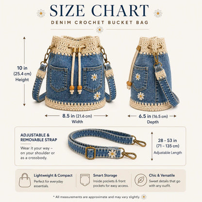 💥SAVE 33%👖 Denim Crochet Drawstring Bucket Bag, Vintage Daisy Crossbody Shoulder Bag For Women