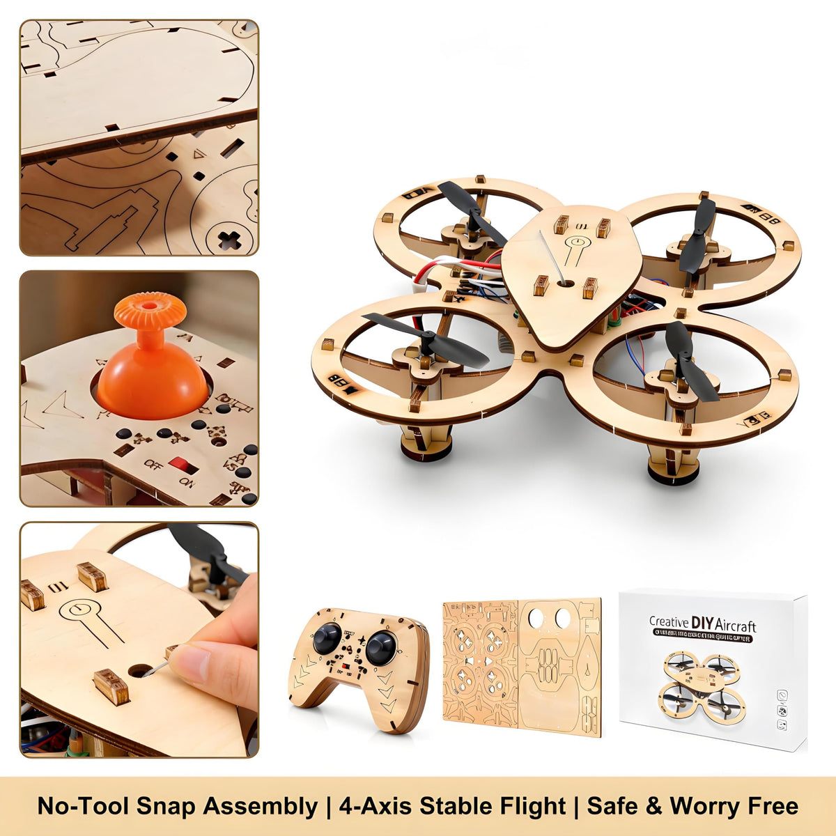 💯🔥Top Gift 2026 🎁 DIY Wooden Drone Assembly Kit, 2.4GHz RC Quadcopter with 360° Flip, Emergency Stop & Beginner Friendly Controls, STEM Building Toy for Teens & Adults