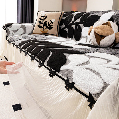 Luxury Botanical Plush Sofa Cover with Elegant Bow Skirt