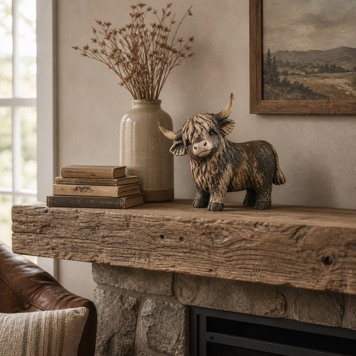 Rustic donkey figurine styled as indoor farmhouse decor