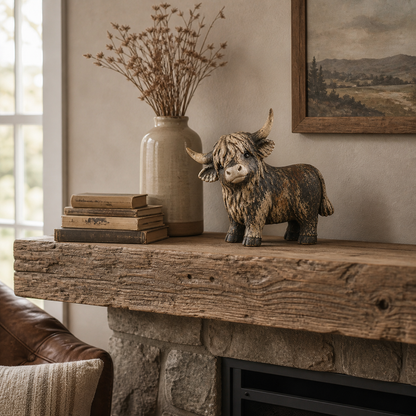 🐮 Rustic Highland Cow Figurine – Charming Farmhouse Tabletop Decor
