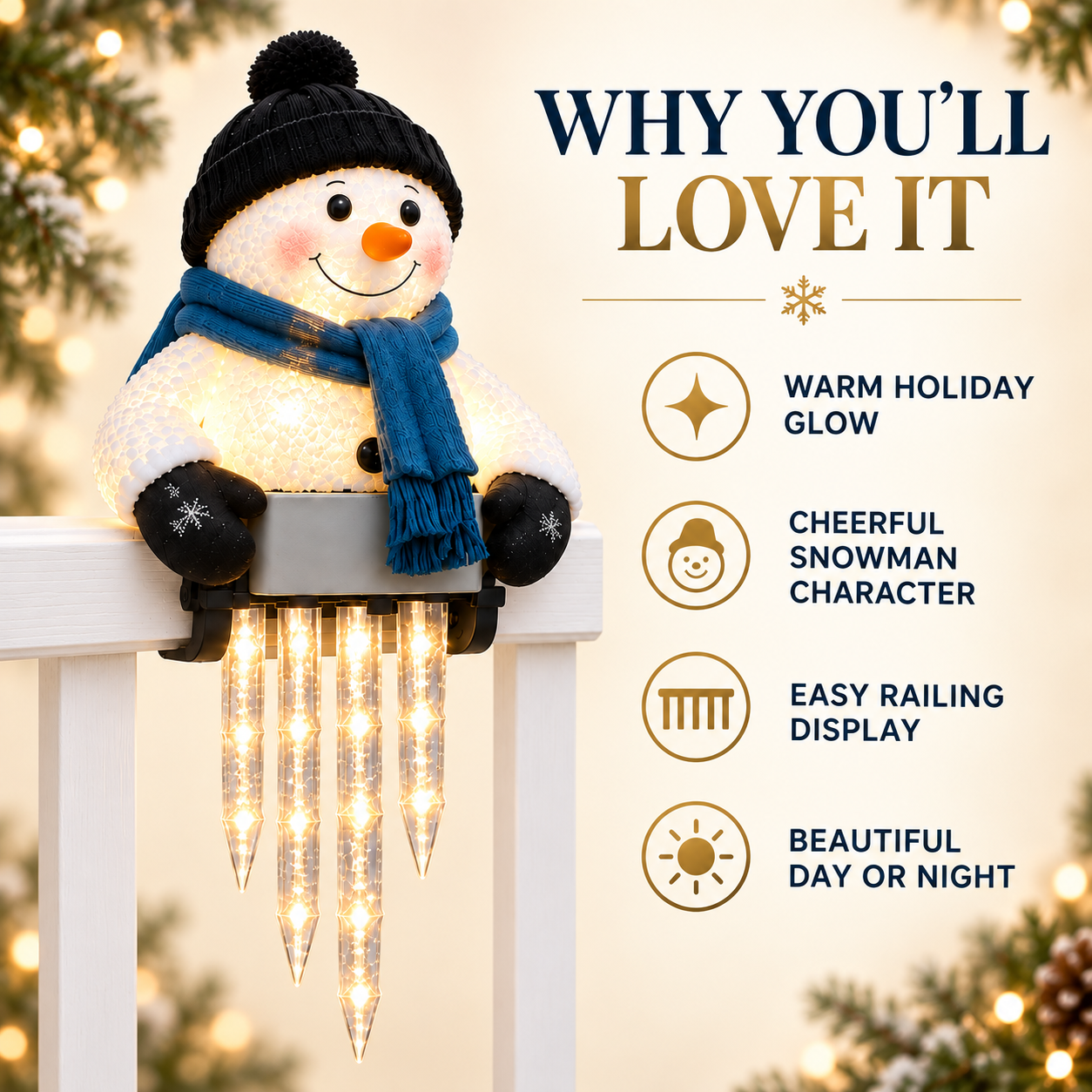 Close product presentation highlighting the snowman and five illuminated icicle drops