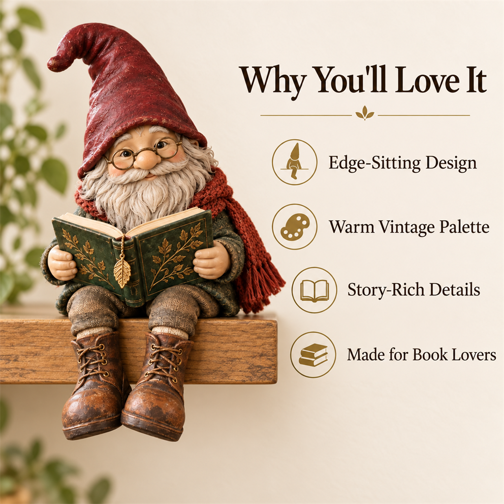 Reading gnome product benefits showing its bookish character and shelf-ready pose