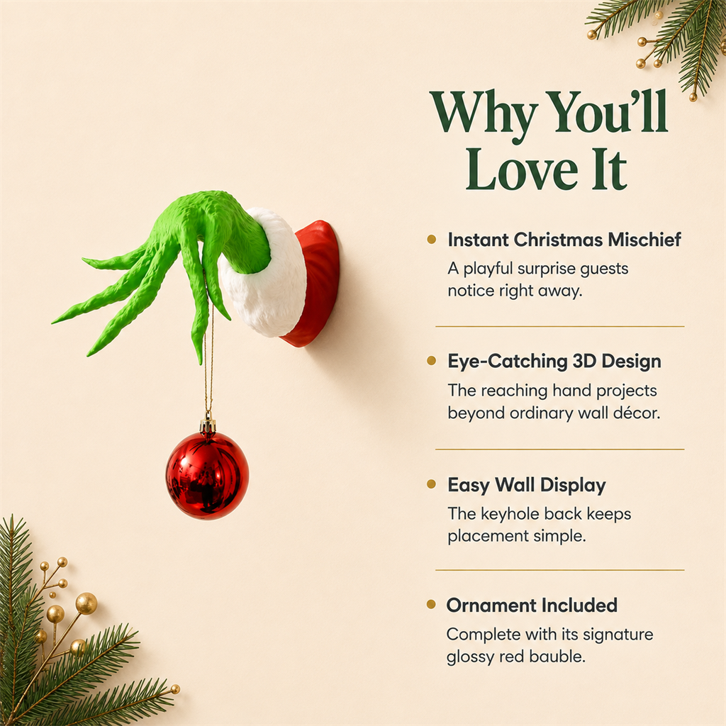 Holiday hand wall hanger with its main decorative features labeled