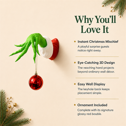 💚🎄 Grinch-Inspired Christmas Hand Wall Hanger – Funny Ornament Holder & Holiday Wall Décor