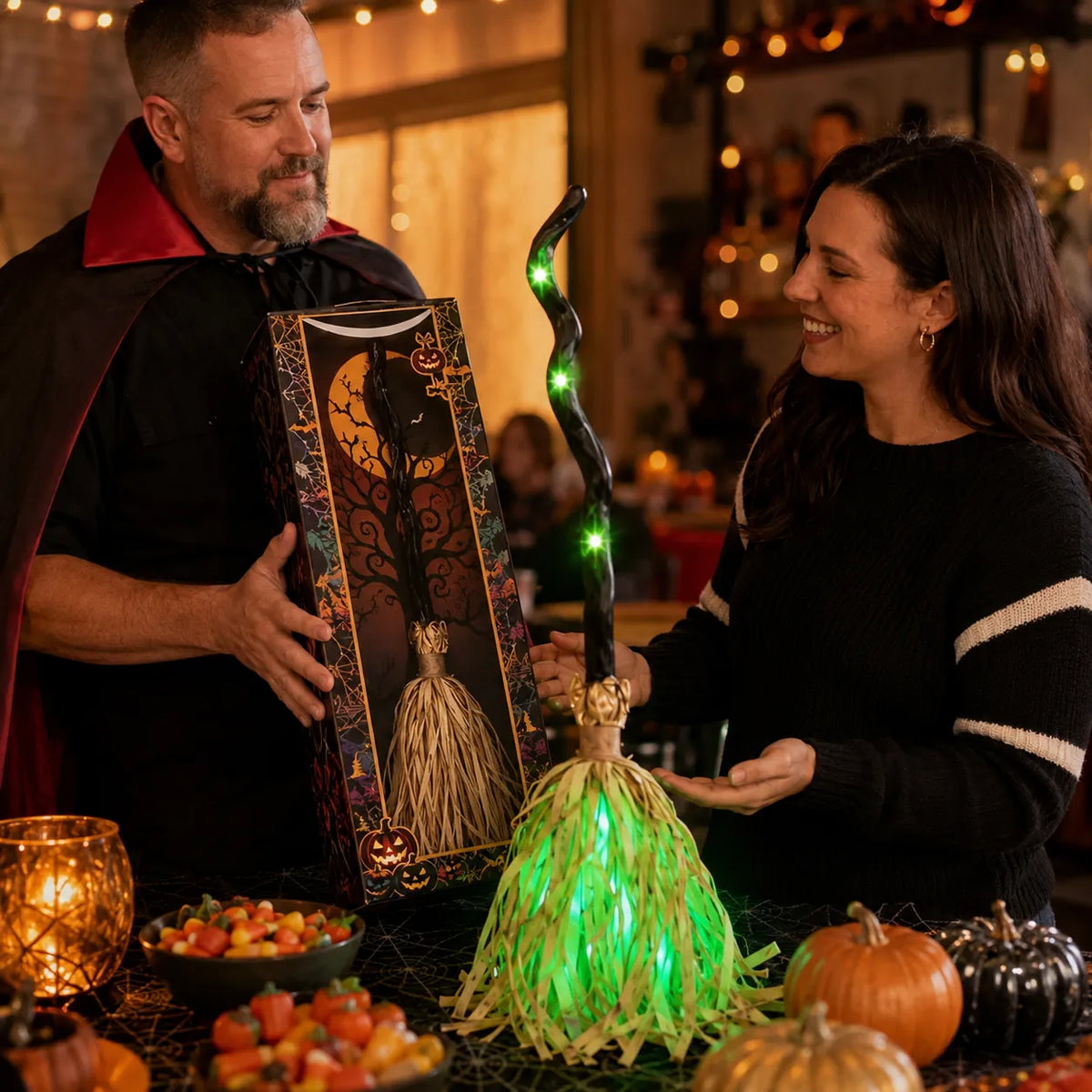Animated Moving Witch Broom, Light‑Sound‑Motion Halloween Prop to Boost Thrill for Your Indoor & Outdoor Party Decor