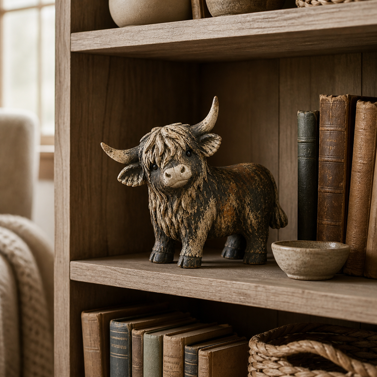 🐮 Rustic Highland Cow Figurine – Charming Farmhouse Tabletop Decor