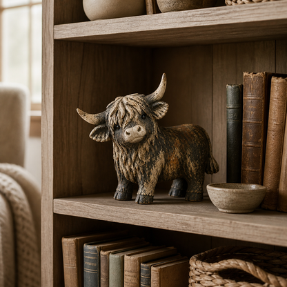 🐮 Rustic Highland Cow Figurine – Charming Farmhouse Tabletop Decor
