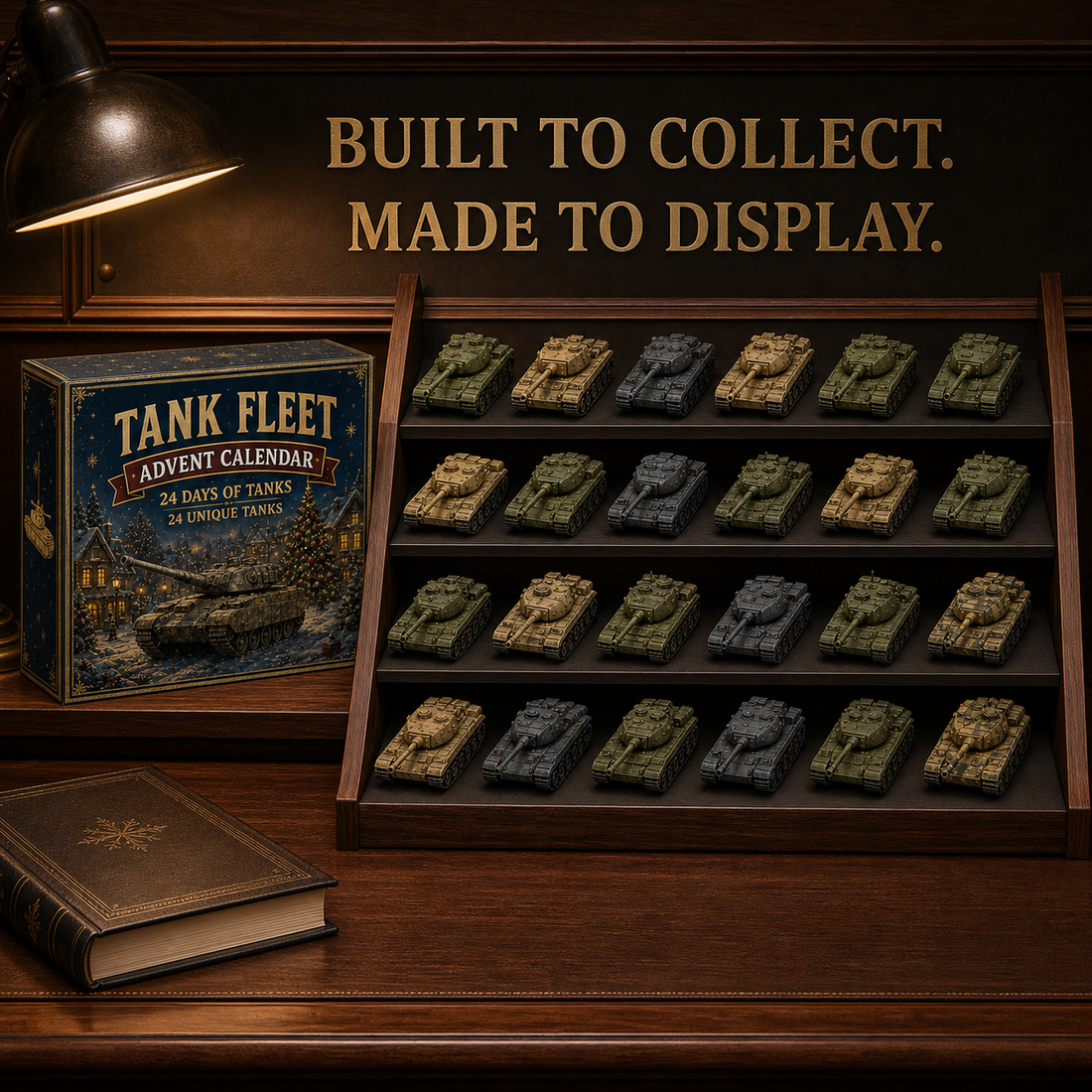 Tank-inspired miniatures arranged as a collector display
