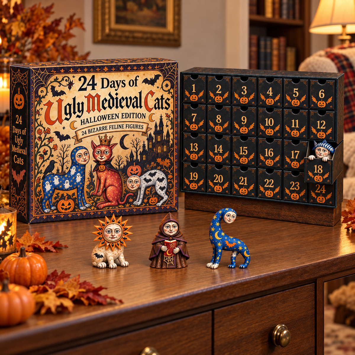Halloween cat calendar displayed on a home console beside a small group of revealed cat figures