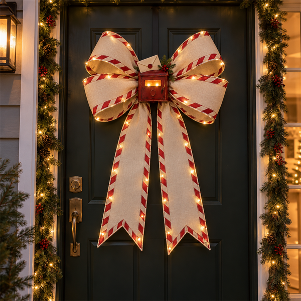 🤍🔴 North Pole Post — Ivory & Red Christmas door bow