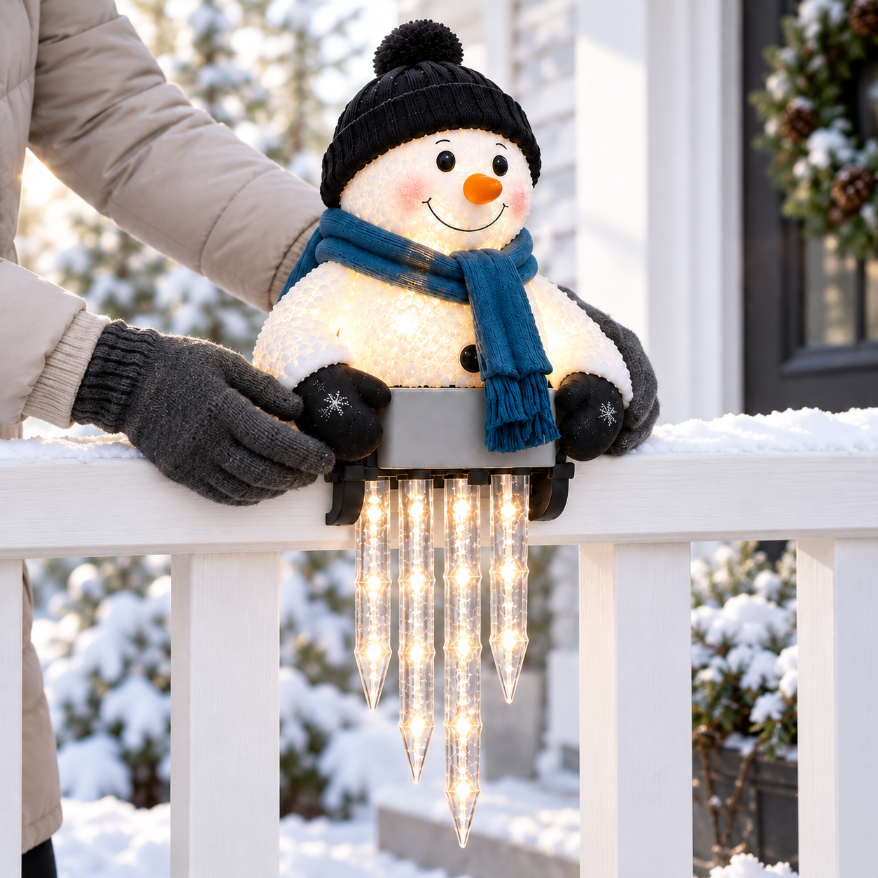 Three WinterGlow snowman decorations styled together along a longer railing