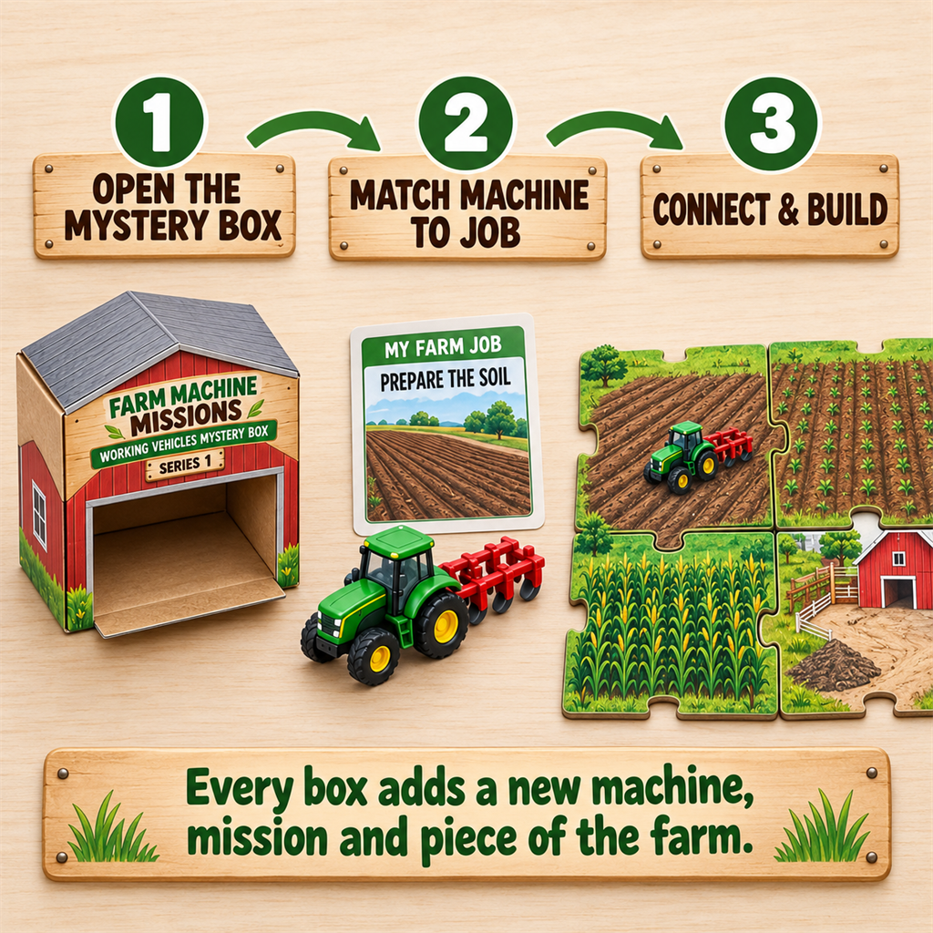 Three-step Farm Machine Missions play sequence: unbox, match, and connect