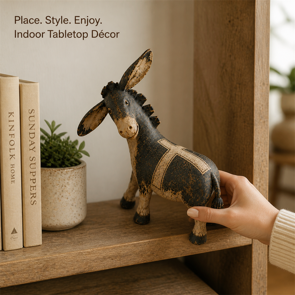 Faithful Donkey Keepsake displayed on a shelf in a rustic home