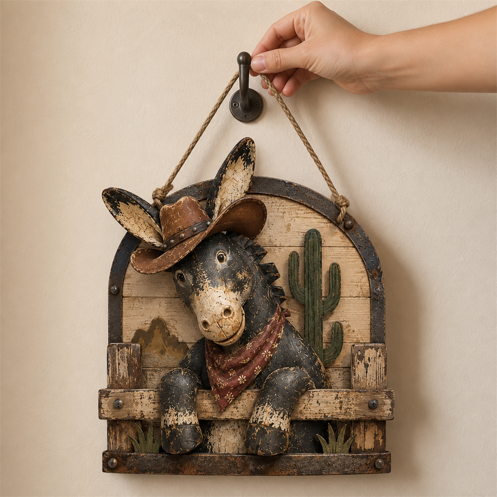 Hand placing the donkey wall hanging rope loop onto a wall hook