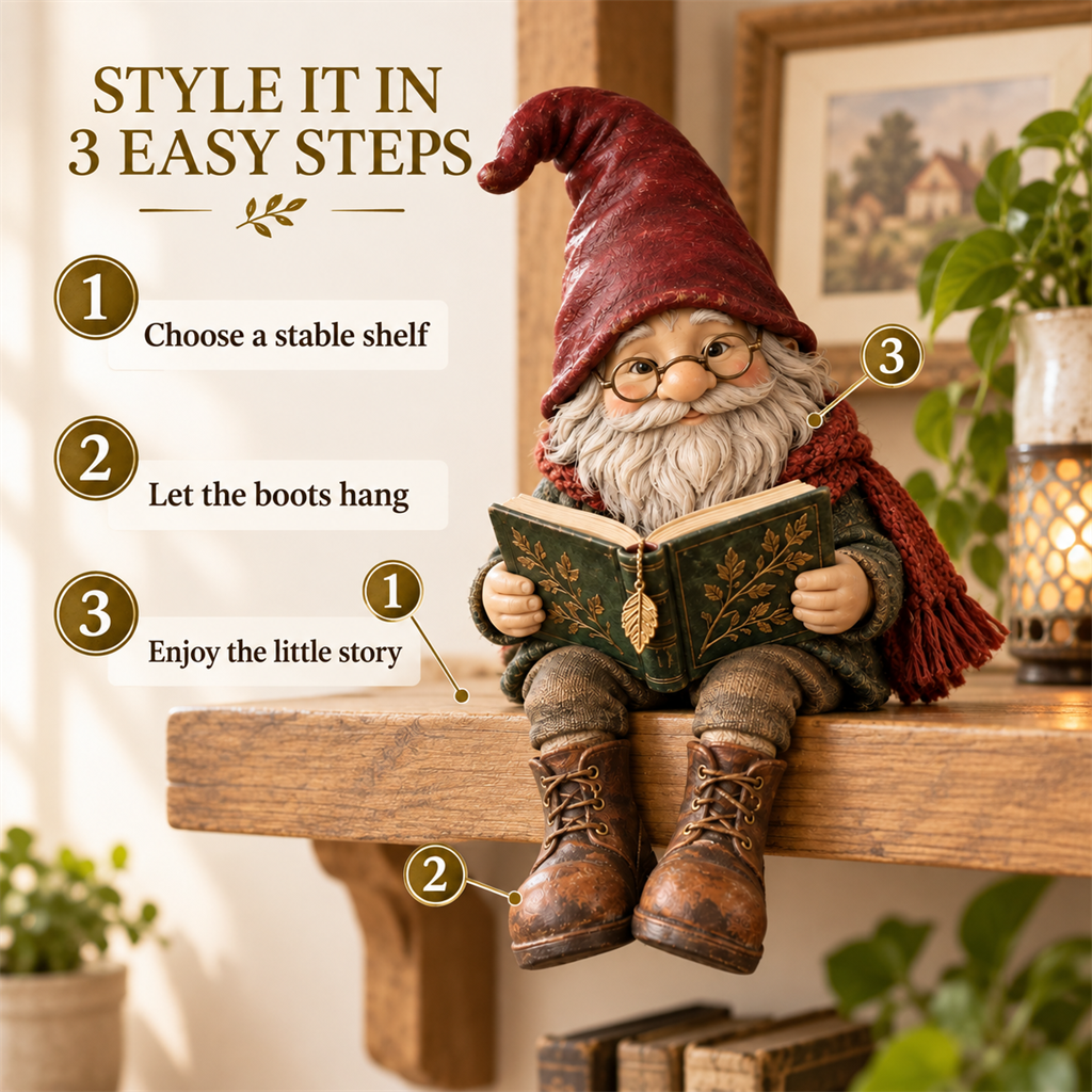 Reading gnome placed securely on the edge of a wooden shelf