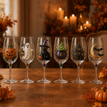 🎃✨ Enchanted Halloween Wine Glass Collection – 6-Piece 3D Spooky Gift Box Set