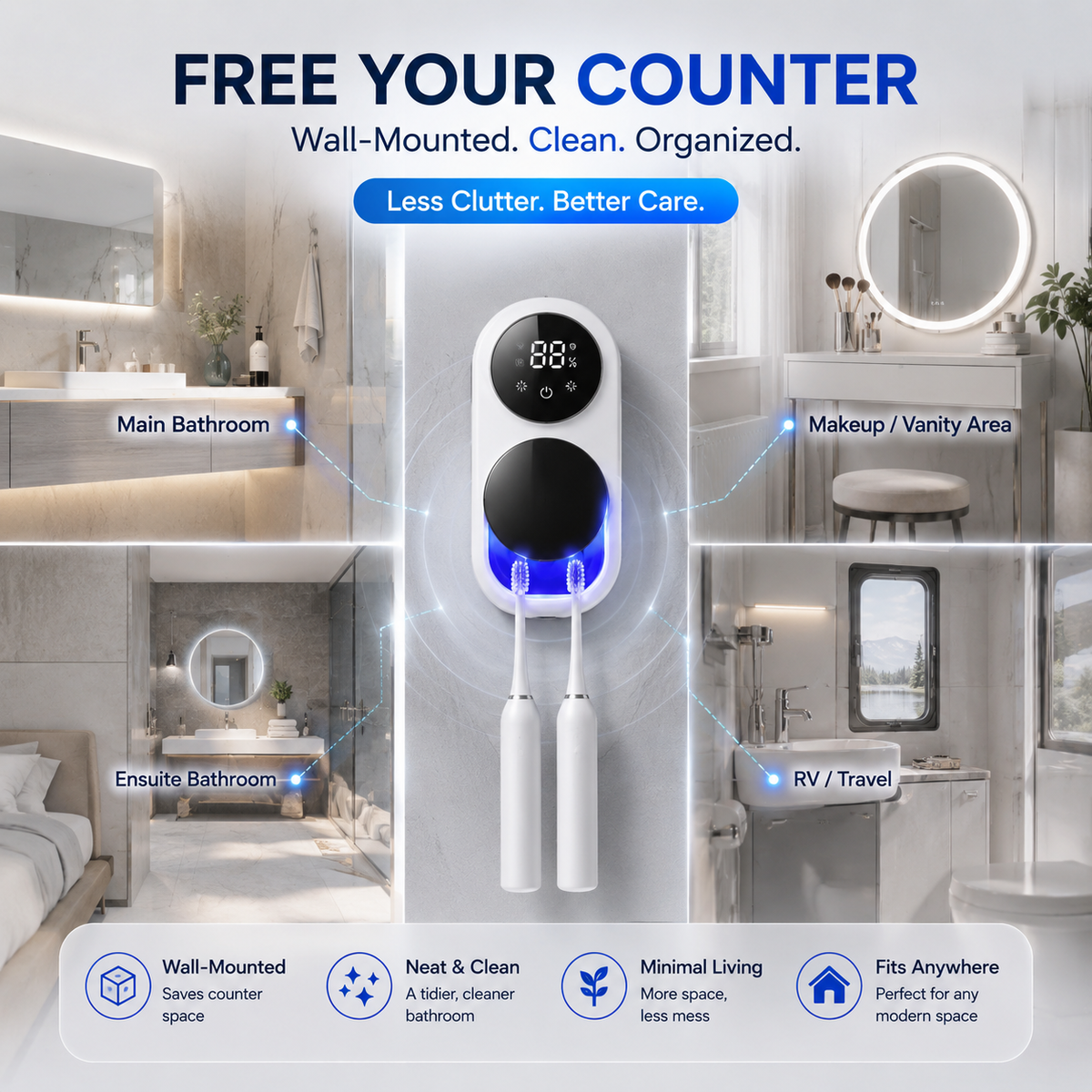 BILLHOL®🚩 WaveSense Touchless Advanced Dual-Toothbrush UV Sanitizing & Drying Station with Automatic Sensor Lid