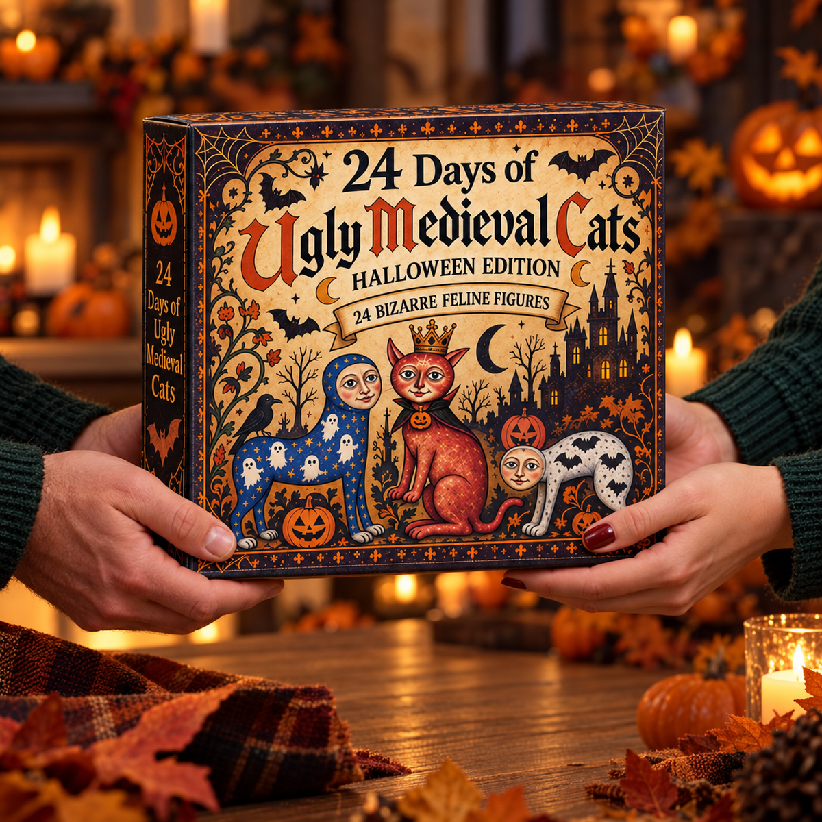 The illustrated Halloween cat calendar box being handed over as a gift
