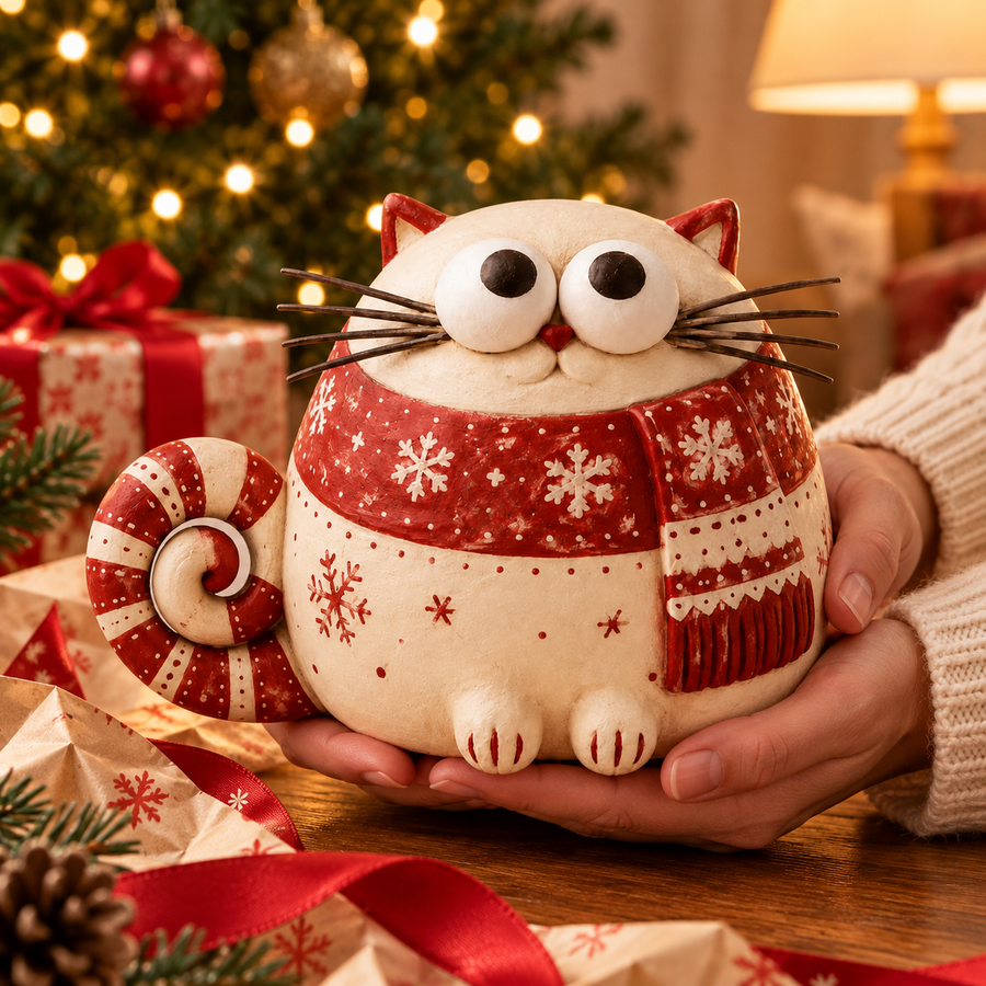 Chubby Christmas cat figurine held beside festive wrapping paper as a holiday gift idea