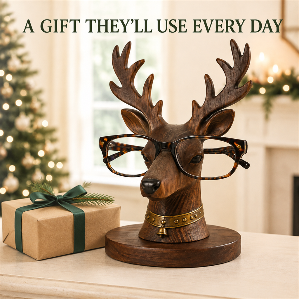 Rustic deer eyeglass holder presented as a thoughtful gift