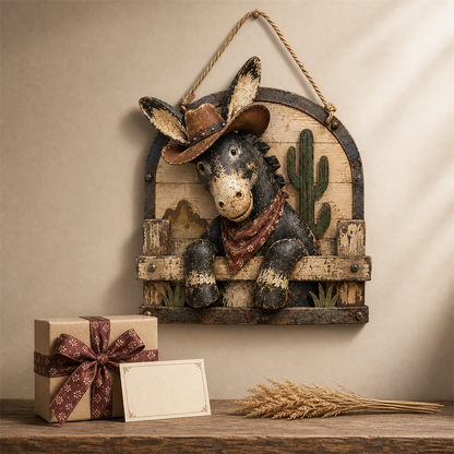 🫏🌵 Rustic Cowboy Donkey Wall Hanging – Western Farmhouse Décor & Country Keepsake