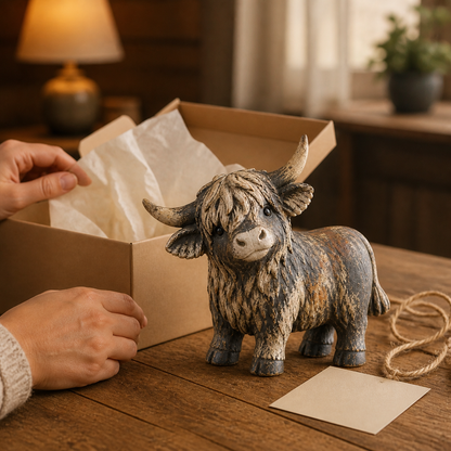 🐮 Rustic Highland Cow Figurine – Charming Farmhouse Tabletop Decor