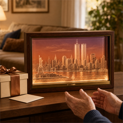 🗽✨ Before the Skyline Changed – Illuminated Twin Towers New York Memorial Shadow Box