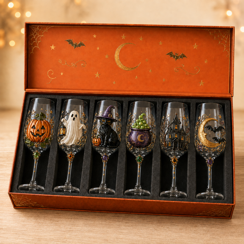 🎃✨ Enchanted Halloween Wine Glass Collection – 6-Piece 3D Spooky Gift Box Set