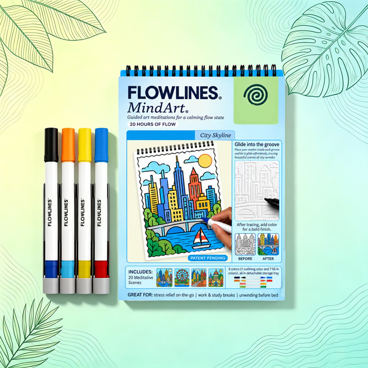 🌿  Guided Flow Art Coloring Pad with Double-Sided Markers 🎨