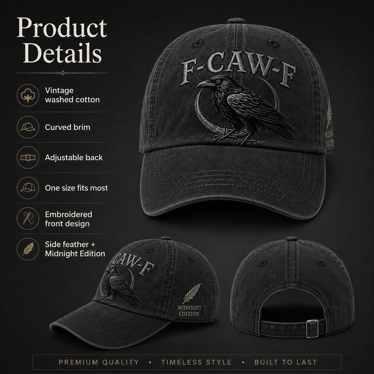 🐦‍⬛F-CAW-F Midnight Edition Raven Cap – Vintage Washed Embroidered Crow Hat