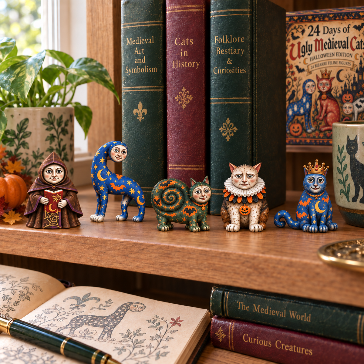 A selection of Halloween medieval cat figures arranged on a bookshelf
