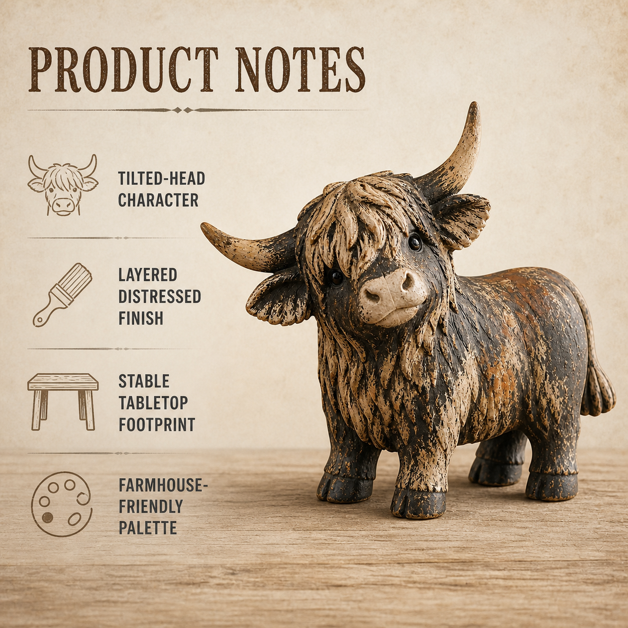 🐮 Rustic Highland Cow Figurine – Charming Farmhouse Tabletop Decor