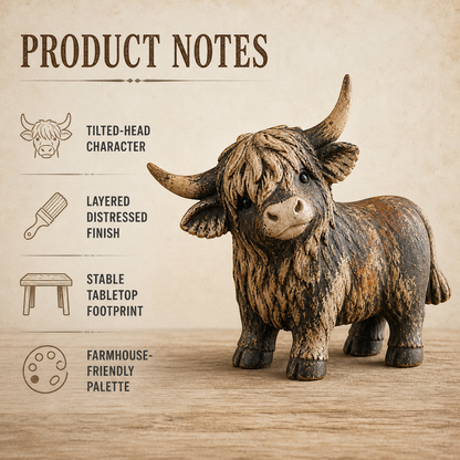 🐮 Rustic Highland Cow Figurine – Charming Farmhouse Tabletop Decor