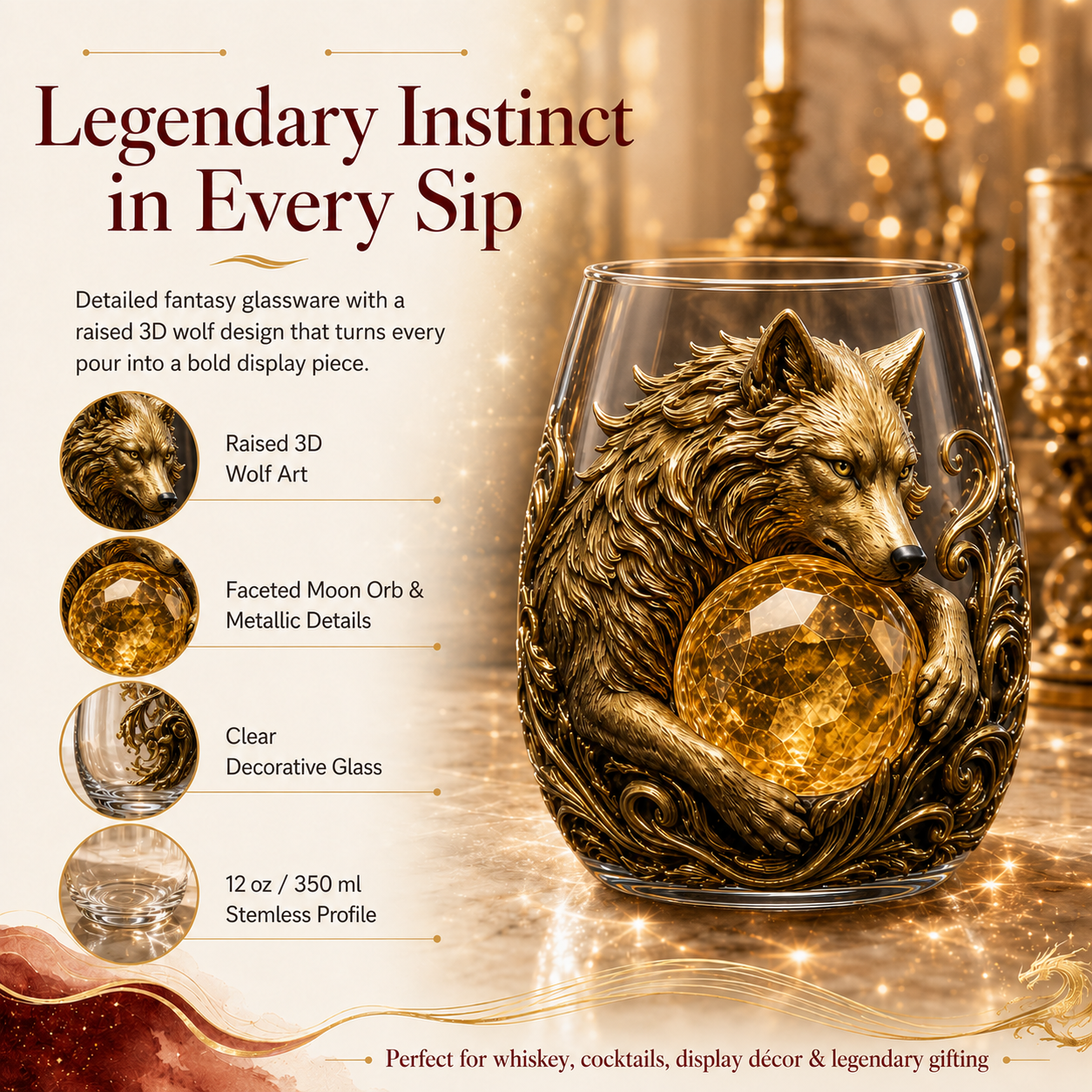 🐺🌙 3D Mythic Moon Wolf Glass Art Cup | Luxury Raised Fantasy Glassware for Whiskey, Home Bar Décor & Legendary Gifts 🎁