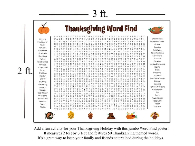 🎉 Jumbo Thanksgiving Word Search Poster(🎉Giant 36"x24" Wall Game)