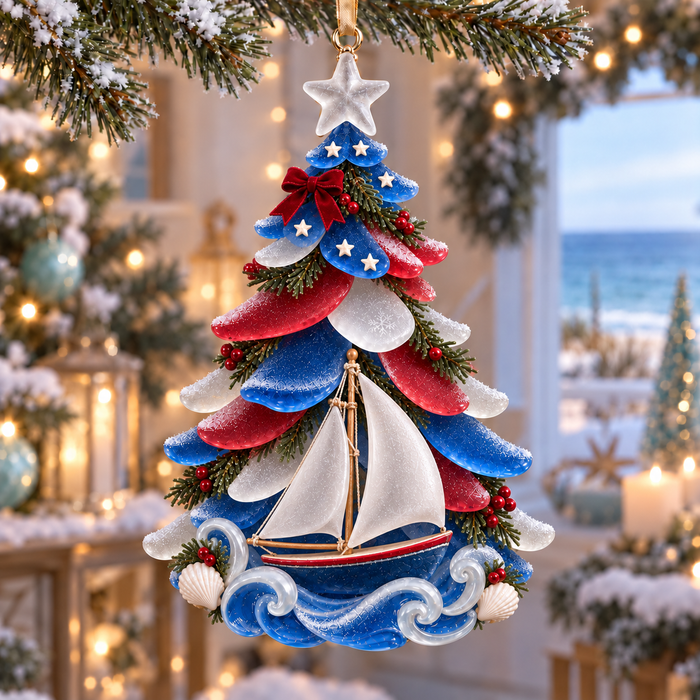 Sailboat and ocean waves patriotic coastal Christmas ornament