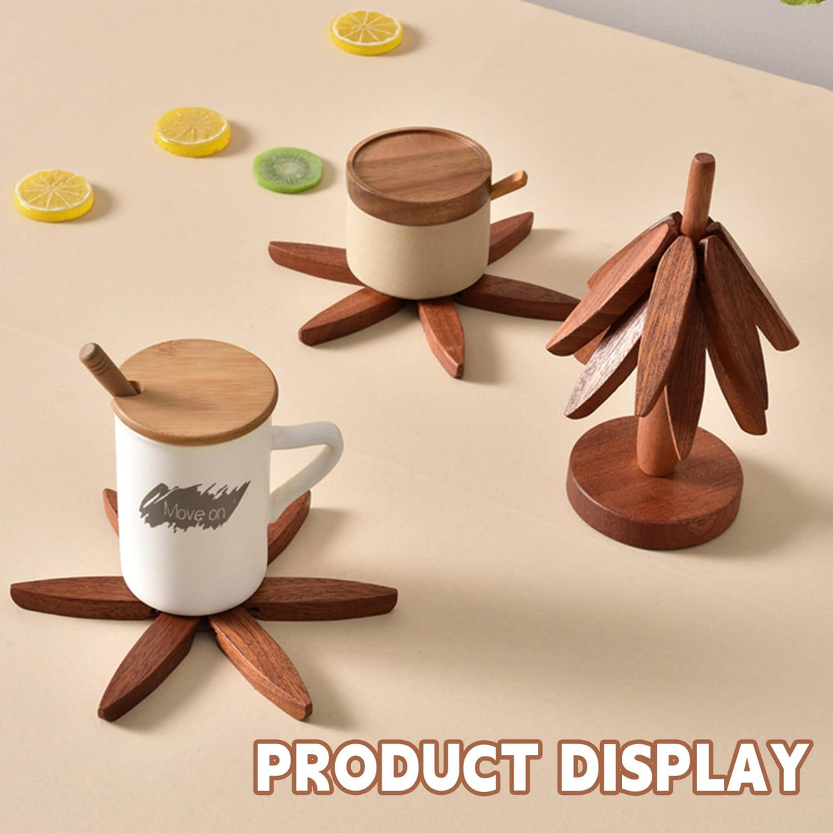 Christmas Tree Trivet Set 🎄 4 Natural Walnut Wood Heat Mats with Festive Display Stand 🎁 50% Off Early Holiday Deal